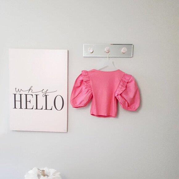 NWOT Zara pink cotton ribbed puff balloon ruffle statement sleeve crop top, M - Picture 7 of 9